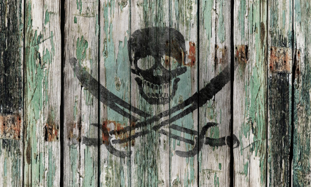 Old wooden door with a skull and swords